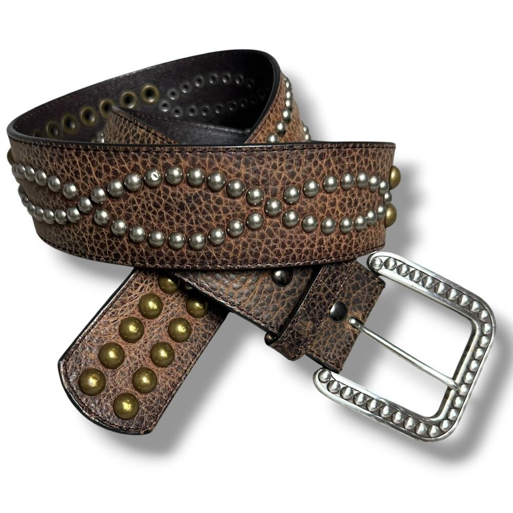 Vintage Y2k Ariat Belt Leather Brass Studded Western Original Master Buckle 34